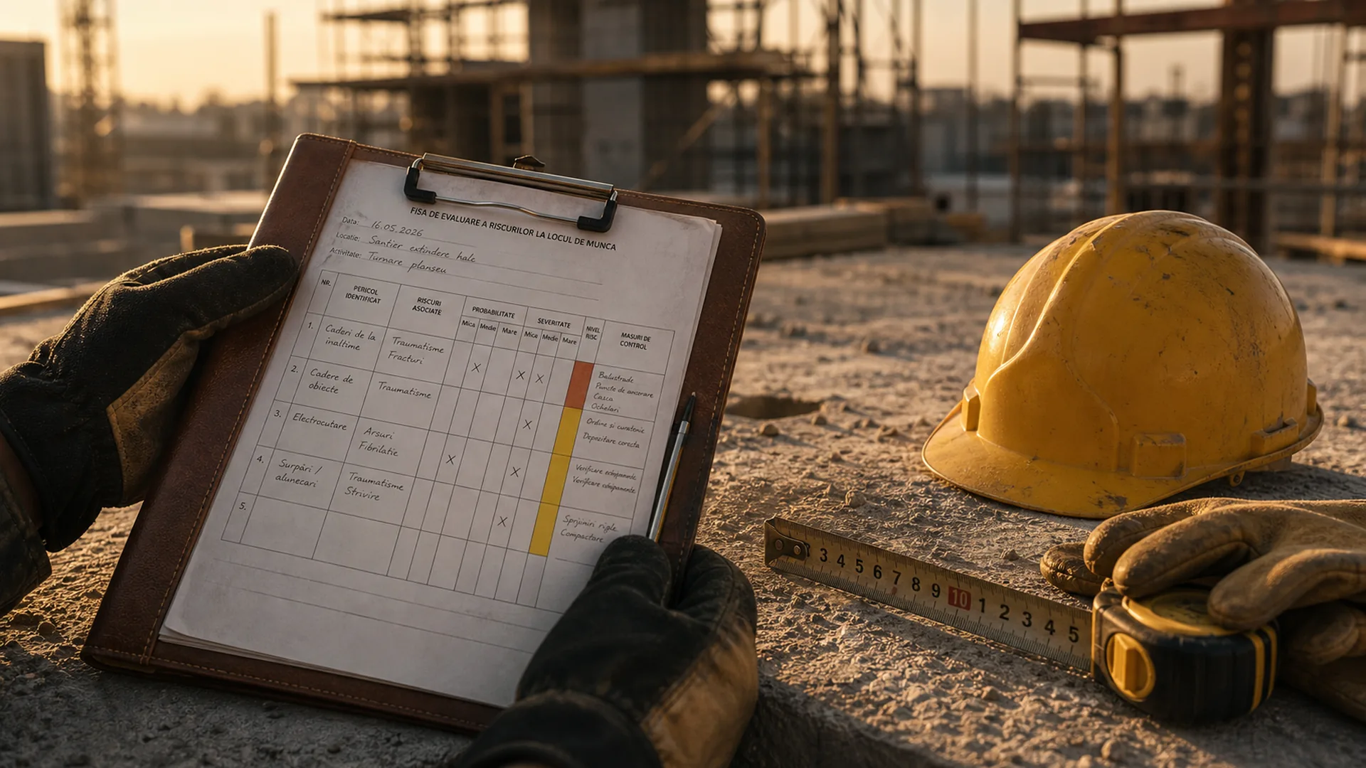 Evaluare a riscurilor profesionale pe teren, cu risk matrix și echipament de protecție, în Vâlcea